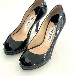 Jimmy Choo Luna Peep Toe Black Patent Leather Heels